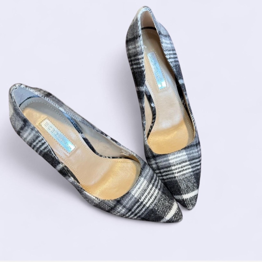 BCBGeneration Black & White plaid Heels with Classic Elegance & flannel texture